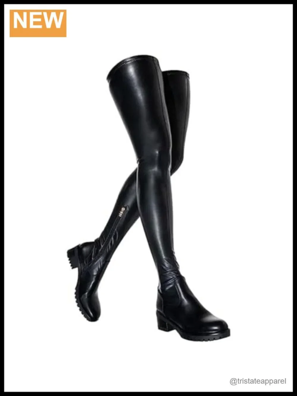 Over the Knee High Boots Chunky Heel Slip On Faux Leather Stretch Thigh High